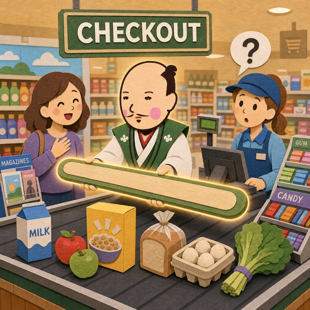 japan_nobunaga's tweet photo. USA. A supermarket register. The man ahead of me handed me a small plastic bar, and I believe we signed a treaty.

You know this bar. It lies on the conveyor belt between his groceries and mine. Two ounces of plastic. No lock. No blade. No authority of any kind.

And it prevents ALL war.

His ground beef ends. The bar stands. My vegetables begin. There has never been a dispute at this border. There will never be a dispute. In Japan, we would accomplish this with careful spacing and profound mutual anxiety. Here, a stick does it.

My country needed four hundred years and three shogunates to draw borders this stable. America draws them at every register, every few seconds, with a stick, and nobody even looks down.

When he placed it for me — placed it FOR me, an act of pure statesmanship — I thanked him with the depth the moment deserved. I may have bowed.

He said: "Yep."

Yep. The sound of a man who does not know he is a diplomat. The best ones never do.

But here is what shook me. At the end, the cashier picked up our sacred border and TOSSED it into a little slot. Casually. Like trash. The treaty, concluded, simply ends. No archive. No ceremony. The border rests, and waits to serve the next two nations.

Two ounces. No army. Undefeated since the invention of the conveyor belt.

A border does not ask to be feared. It lies down, and is obeyed.

I hand the bar to the person behind me now. Every visit. Personally. Before they can reach for it. The response is always a small, surprised "oh — thanks," and then peace between our houses.

Yesterday a man received my bar, paused, and handed THE NEXT one to the woman behind him.

It spreads, America. Statecraft is contagious, and your registers are the academy.

Yep.