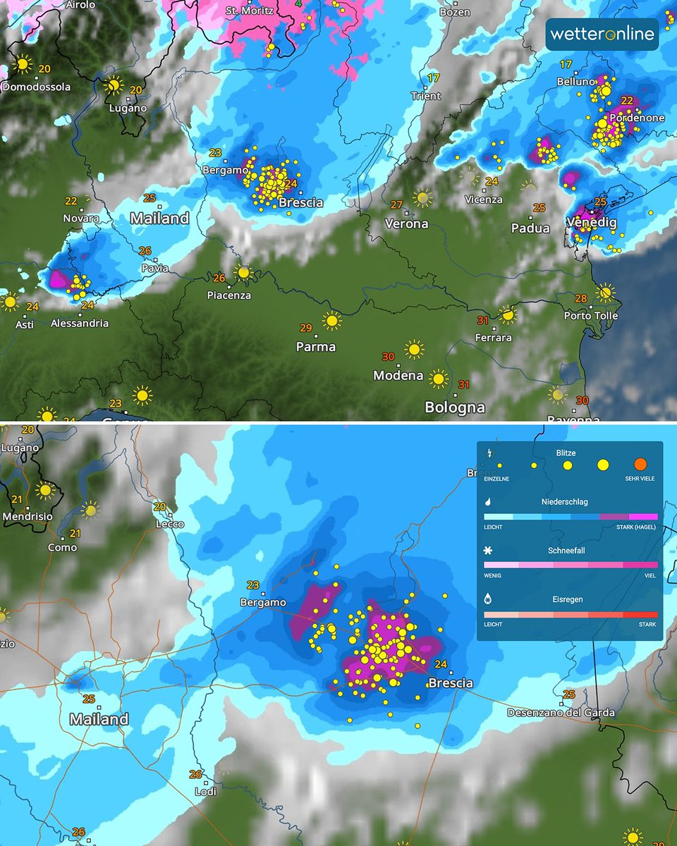 WetterOnline's tweet photo. Superzellen haben am Mittwoch in Norditalien schwere Schäden angerichtet. ⛈️ In der Po-Ebene zwischen Mailand und Verona wurden ganze Dächer abgedeckt.
Besonders hart trifft es die Landwirtschaft. 🌾
#Superzellen #Norditalien #PoEbene #Hagel https://t.co/wE2Jit1QUo