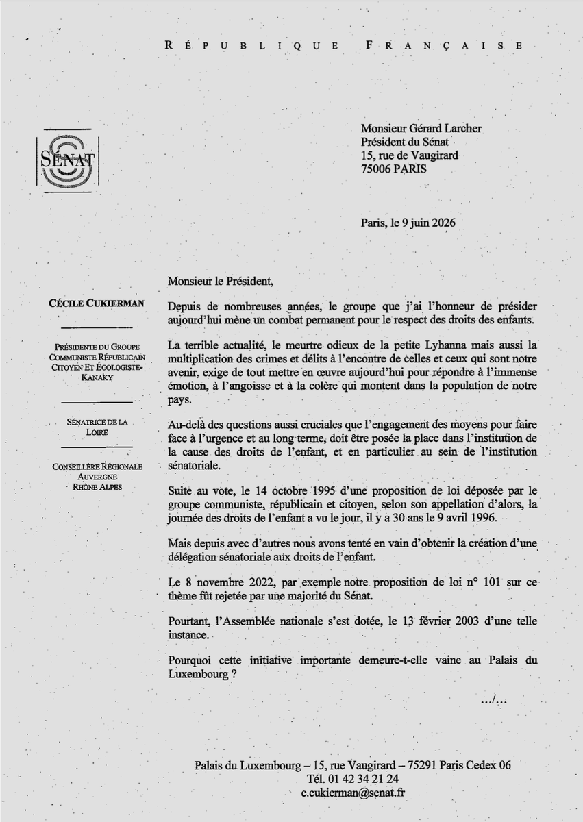 senateursCRCE's tweet photo. Le 8 novembre 2022, les @senateursCRCE demandaient déjà la création d'une délégation aux droits des enfants : rejet par une majorité au Sénat ! @CecileCukierman relance l'initiative auprès de @gerard_larcher "Pourquoi demeure-t-elle vaine au Palais du Luxembourg ?". https://t.co/2UV0caWGN9
