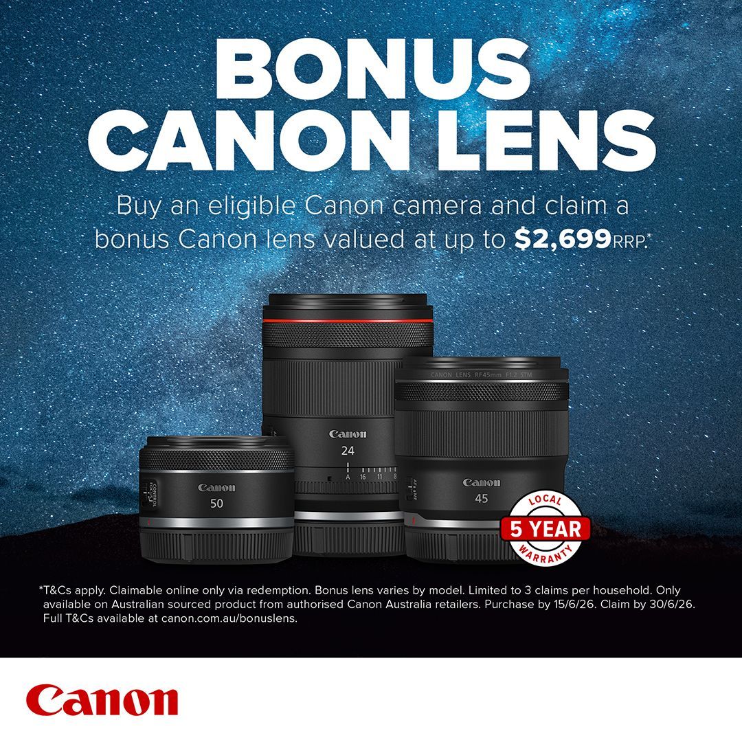 CameraPro_Au's tweet photo. 📸 Last chance to claim your Bonus Canon Lens.

Get a bonus lens worth up to $2,699 RRP with eligible Canon camera purchases.

⏳️ Offer ends Monday, 15 June 2026.

Shop now: https://t.co/Zd9lvIkPot https://t.co/Sk7v30vqT3