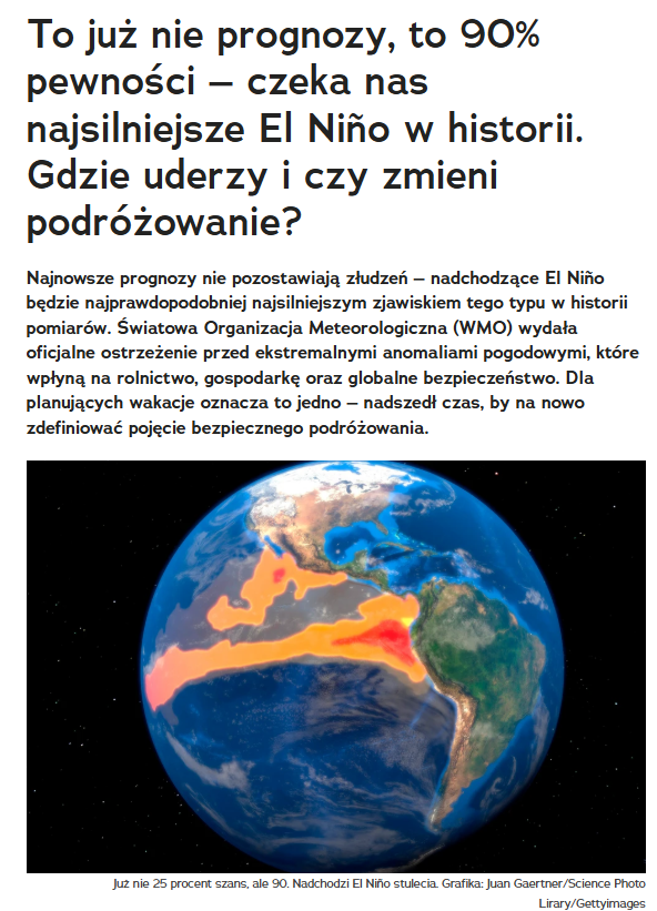 Stysz's tweet photo. Wg National Geographic Poland El Nino będzie tak silne, że "nadszedł czas, by na nowo zdefiniować pojęcie bezpiecznego podróżowania". 🤣🤣🤣.

Przestali już przebierać w środkach.
Wiecie - Rozumiecie. https://t.co/vDXB2xqcOM