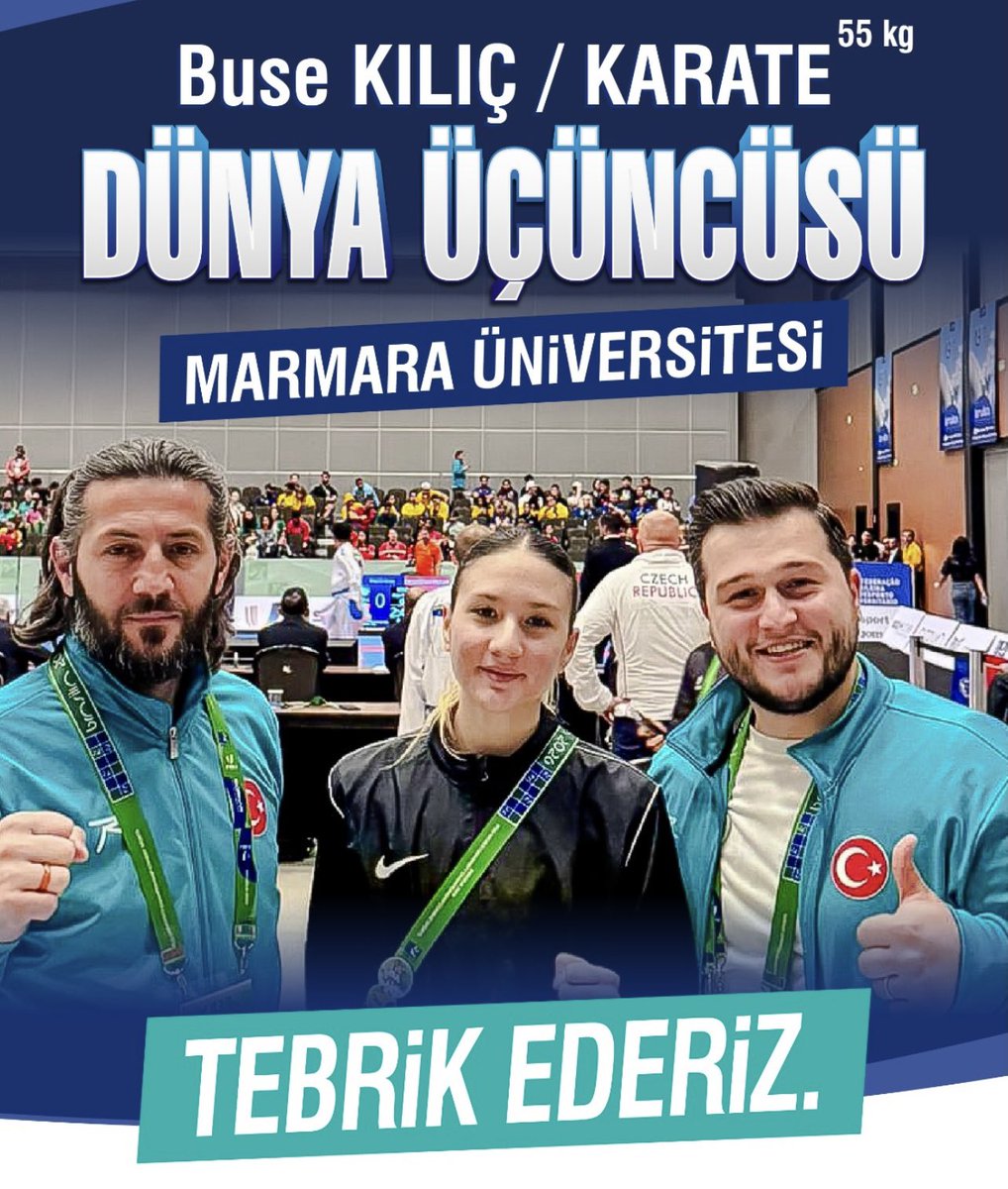 Karateturk's tweet photo. 🥉 Buse Kılıç’tan Dünya Üçüncülüğü!

8-13 Haziran 2026 tarihlerinde Brezilya’da düzenlenen Dünya Üniversiteler Karate Şampiyonası’nda mücadele eden milli sporcumuz Buse Kılıç, Kadın Kumite -55 kg kategorisinde Dünya Üçüncüsü olarak bronz madalya kazandı. 🇹🇷

Uluslararası arenada elde ettiği bu önemli başarıdan dolayı sporcumuzu ve emeği geçen teknik ekibimizi tebrik ediyor, başarılarının devamını diliyoruz.

👏 Tebrikler Buse!