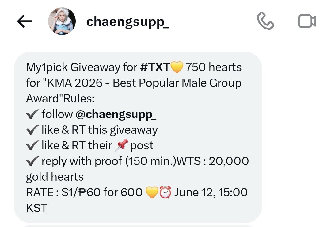 BEOMBASTlC's tweet photo. My1pick Giveaway for #TXT 

💛 750 hearts for "KMA 2026 - Best Popular Male Group Award"

Rules:
✔️ follow @chaengsupp_ 
✔️ like &amp; RT this giveaway
✔️ like &amp; RT their 📌 post
✔️ reply with proof (150 min.)

WTS : 20,000 gold hearts
RATE : $1/₱60 for 600 💛

⏰ June 12, 15:00 KST https://t.co/Gz5OivMHPp