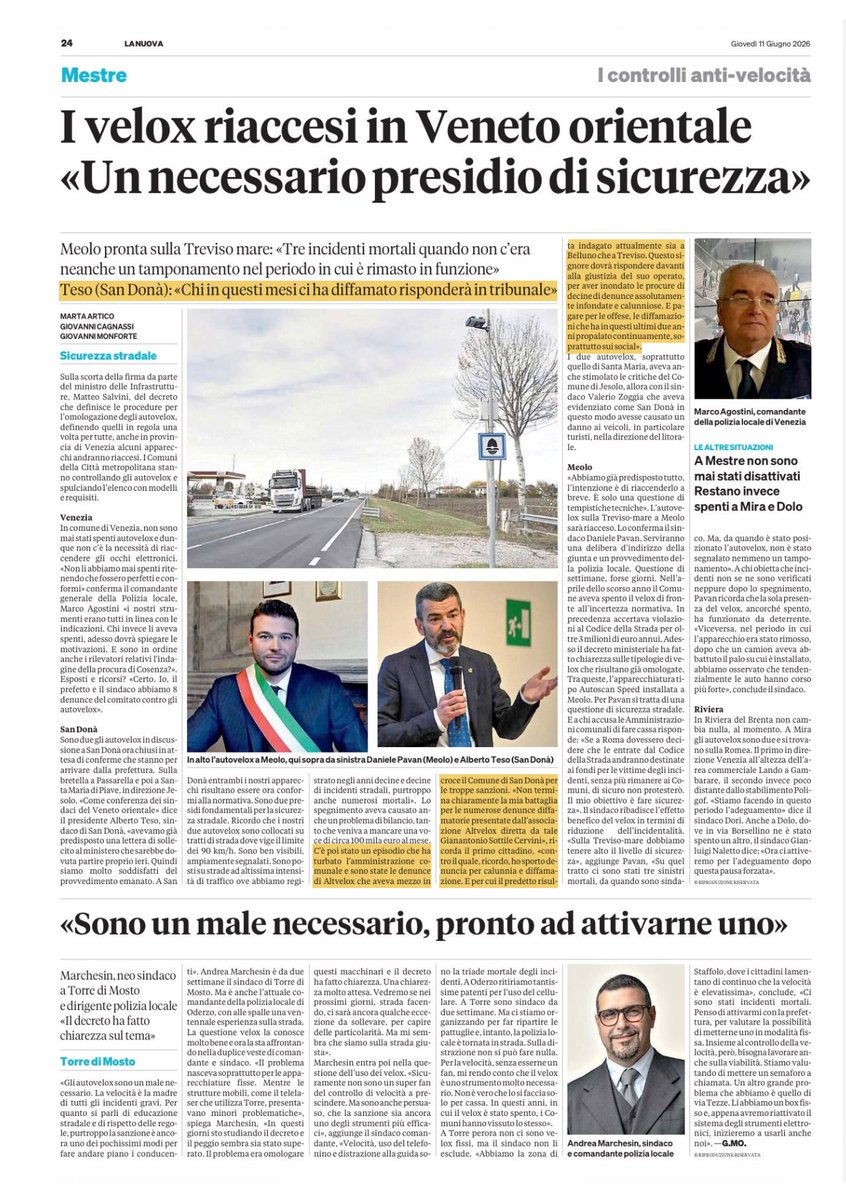AltVelox's tweet photo. Altvelox denuncia nuovamente il Sindaco di San Donà di Piave, ma anche il direttore responsabile de “La Nuova di Venezia e Mestre” e i giornalisti firmatari dell’articolo pubblicato l’11 giugno 2026.

La denuncia-querela è stata predisposta per chiedere all’Autorità giudiziaria di verificare le dichiarazioni pubblicate, nelle quali il Presidente di Altvelox viene indicato come soggetto coinvolto in presunte indagini e associato a denunce definite “infondate” e “calunniose”.

La critica è libera.
La cronaca è libera.
Il diritto di informare è essenziale.

Ma libertà di stampa non significa trasformare una dichiarazione di parte in un fatto accertato.

Una querela non rende colpevole il querelato.
Un procedimento pendente non è una condanna.
Una presunta iscrizione o indagine deve essere verificata, contestualizzata e documentata.

Altvelox non contesta il diritto dei giornalisti di scrivere, né quello degli amministratori di difendere le proprie scelte. Contesta però la rappresentazione pubblica di fatti giudiziari e condotte personali senza atti definitivi, senza riscontri completi e senza la corretta distinzione tra cronaca, opinione e dichiarazioni di parte senza un giusto contraddittorio.

La sicurezza stradale è una cosa seria.
La reputazione delle persone anche.
La correttezza dell’informazione pure.

Quando si parla di denunce, Procure, procedimenti e responsabilità personali, le parole non sono decorazione: hanno peso, producono effetti, incidono sull’immagine pubblica di cittadini e associazioni.

Per questo Altvelox chiede chiarezza nelle sedi competenti, anche davanti all’Autorità giudiziaria, all’Ordine dei Giornalisti e all’Ordine degli Avvocati.

@Agenzia_Ansa @AnsaVeneto @nuova_venezia @Gazzettino @corriereveneto @askanews_ita @Adnkronos @OrdineAvvVe @ODG_CNOG