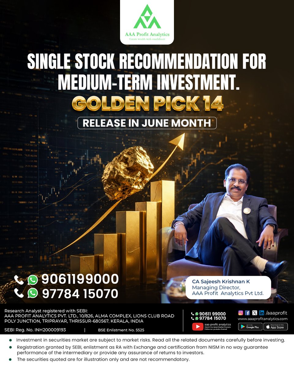 AaaProfit's tweet photo. A well-researched opportunity could be all it takes to strengthen your portfolio. Golden Pick 14, our latest medium-term stock recommendation, will be released this June. Stay connected.
                        
For more details or to subscribe: 90611 99000 | 97784 15070 https://t.co/MD8T7HmQnC