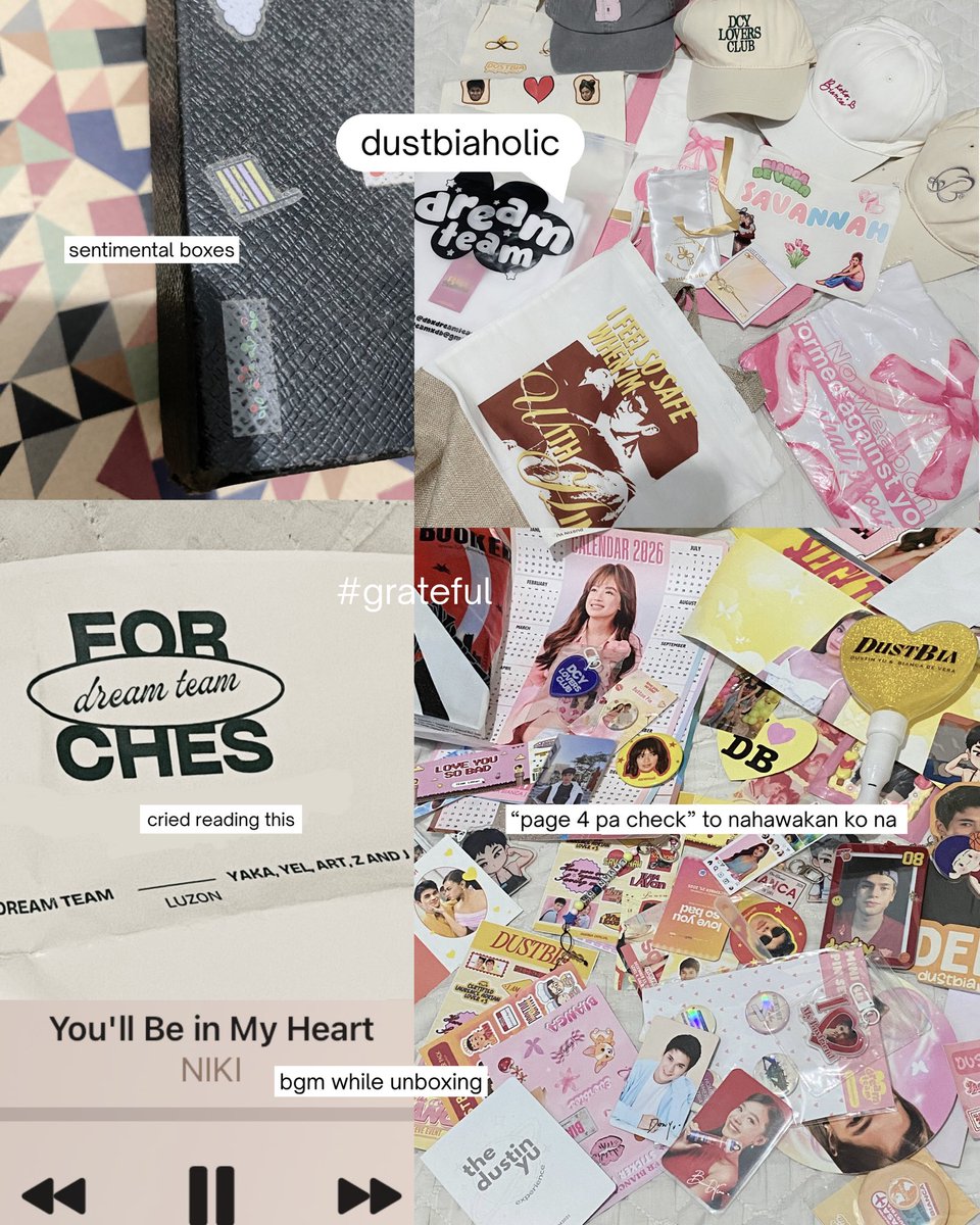 chesyuu's tweet photo. “…hope you feel valued and seen sa mga merch na naipon namin, team bahay ka man those times palagi ka naman namin naiisip every event.”
“…know that you'll always have us and we'll forever be grateful to u for bringing dream team together.” 

never thought i'd get to hold any of these merch. 🥺 i used to only see them through edit links (si miss daming utos & revisions), and now they're finally here. 

(almost lahat ng materials each event
pinadala nila, kahit mga pinaka random thingzz 😭 hcbdndbdjd)

cried so much while unboxing this. thank you, dream team, for always making me feel seen and valued. happy ako maging part na nabuo kayo. i love you 3000. ❤️‍🩹