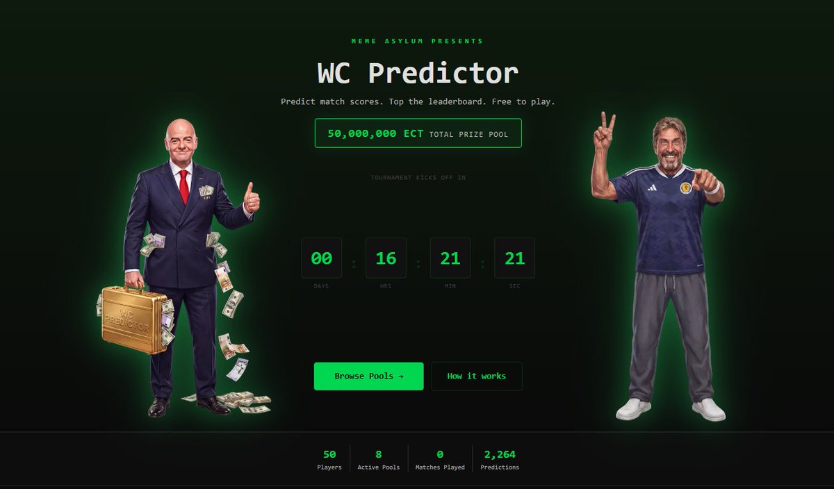 MemeAsylumX's tweet photo. ⌛️Just 16 HOURS Left Until @FIFAWorldCup 2026 Begins!!!⚽️

Get Your Predictions In NOW and Share In The 
50 MILLION $ECT!!!

Link: https://t.co/1ySXna0o64