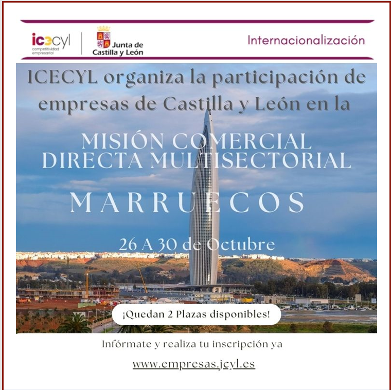 empresasjcyl's tweet photo. ✏️¿Aún no te has inscrito?
Todavía estás a tiempo de participar en la Misión Comercial Directa Multisectorial a Marruecos impulsada por #ICECYL
⚠️¡Quedan solo 2 plazas!
✅No pierdas esta oportunidad y asegura tu participación 👇
 https://t.co/RBA9BXETxH
 #Internacionalización https://t.co/zdBafSTQ0H