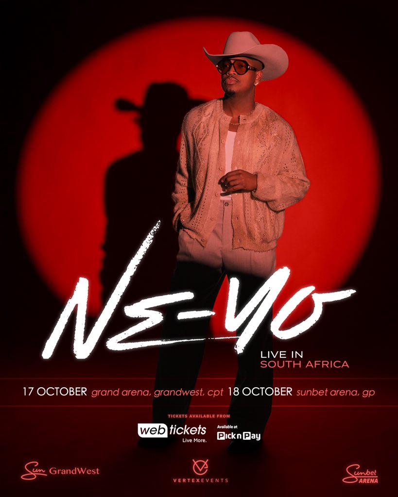 VertexEvents's tweet photo. NE-YO is coming to Cape Town and Pretoria this October for two unforgettable nights of R&amp;B classics and timeless hits.

🎟️ Tickets on sale now at webtickets and Picknpay 

https://t.co/sbCugllUyj
https://t.co/FYvU7uIoPV https://t.co/G5rDc8TZzq