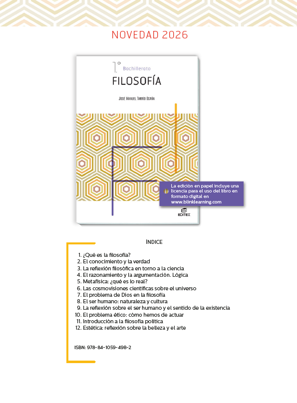 editorialeditex's tweet photo. 📢Filosofía 1º Bachillerato #Novedad2026 
☑️Edición mejorada y actualizada
☑️Situaciones de aprendizaje por unidad didáctica
☑️Competencias específicas con su criterio de evaluación

Pide tu muestra digital a correo@editex.es
#filosofía
#bachillerato https://t.co/wobV7Sv0Qo