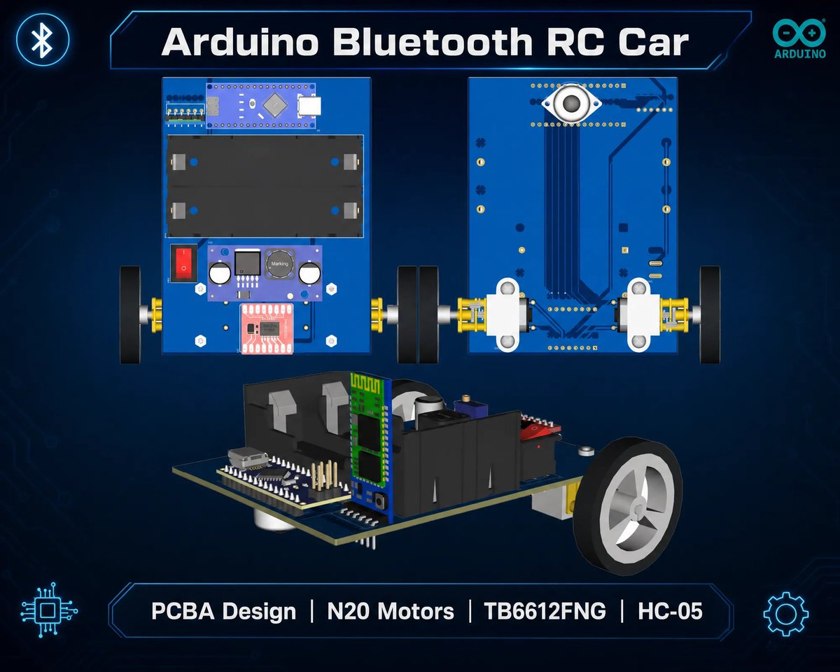 JLCPCB's tweet photo. Breadboards are great for testing. Terrible for driving.
This Arduino Bluetooth car uses a real PCBA – no loose wires, no random disconnections, just reliable differential drive.
Stop debugging jumper cables. Start driving. 🚗
#JLCPCB #Arduino #PCBA #RobotCar https://t.co/r1z0R5IROR