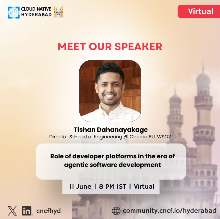 openchoreo's tweet photo. Join @tishan89 at @CloudNativeFdn Hyderabad for a session on the role of developer platforms in the era of agentic software development, featuring OpenChoreo.

June 11, 2026
08:00 PM IST

https://t.co/2T1W3pQ4iR https://t.co/8WQyk6crGR