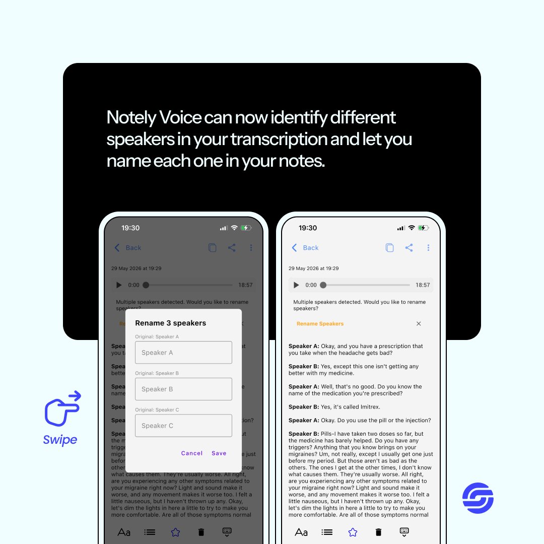 notelyvoiceai's tweet photo. Introducing multi-speaker detection in Notely Voice!

Your transcriptions got smarter. 

Notely can identify different speakers in a recording and let you name each one, so your notes actually make sense when you go back to them.

Perfect for: 
→ Doctor appointments 
→ Interviews & meetings 
→ Lectures & group discussions

No more guessing who said what. Just clear, organised notes. 📋✨

#NotelyVoice #Productivity #AITools #VoiceNotes