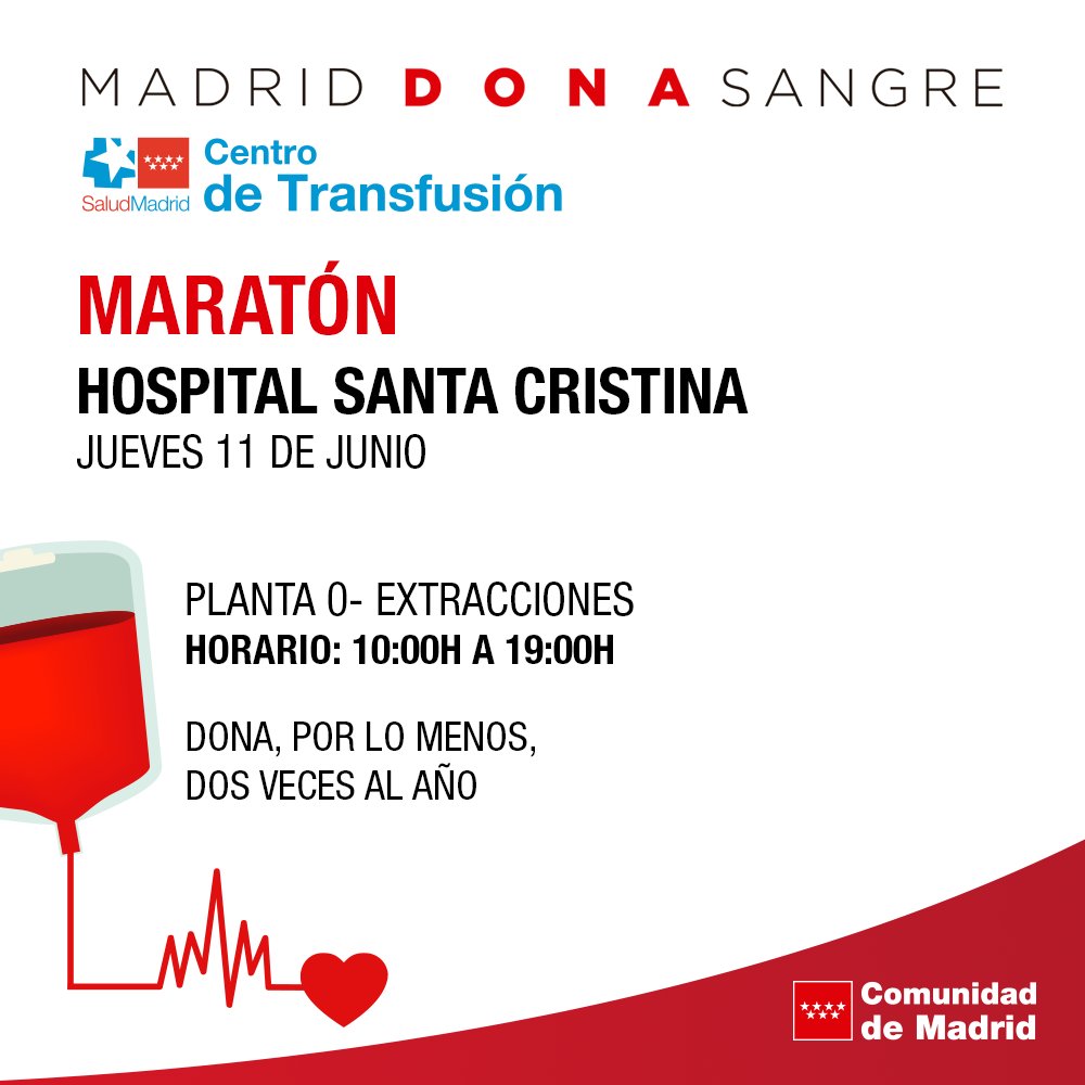 Madridonasangre's tweet photo. 👉 Únete al maratón del Hospital Santa Cristina y #salvavidas.

📍 Planta 0. Extracciones 
⏰ 10.00h a 19.00h  

❤ En la Comunidad de Madrid se pueden transfundir cada año cerca de 30.000 unidades de sangre en Urgencias.  

📲 https://t.co/5hbVjUlqaf https://t.co/JOlZYdVUYr