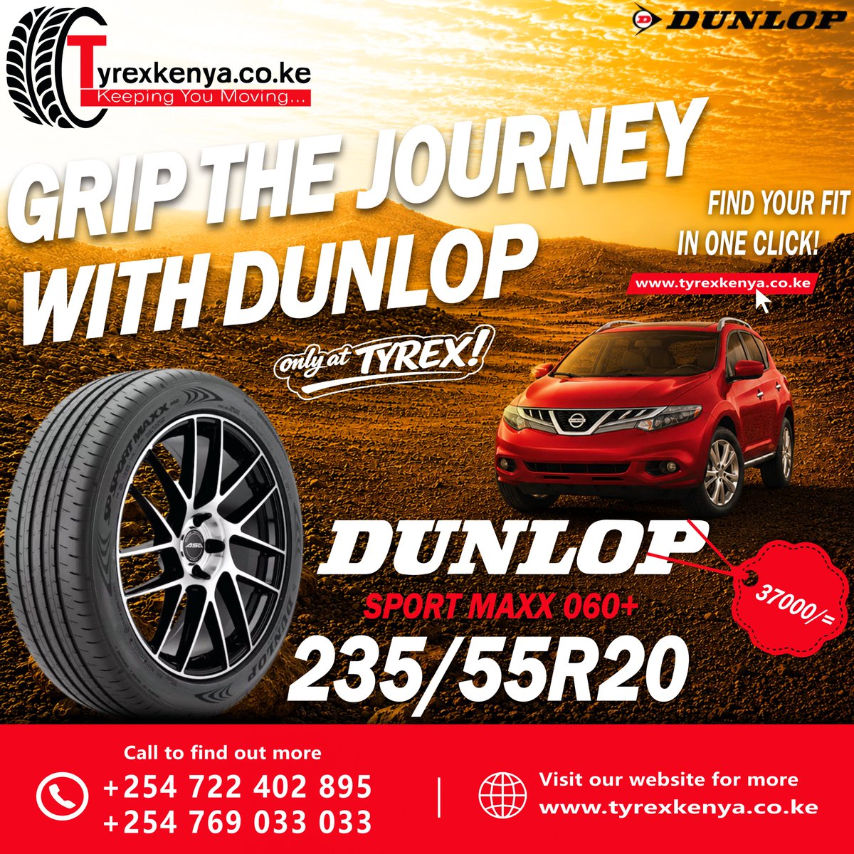 tyrexkenya's tweet photo. 🏁 GRIP THE JOURNEY WITH DUNLOP!
Experience sporty precision with the Dunlop SPORT MAXX 060+ 235/55R20 — engineered for responsive handling, confident grip, &amp; premium comfort on every drive.
💰 Available at 37,000/=
📍 Visit us today!

🛒 Shop Online: https://t.co/KI3HAjcMGr https://t.co/A3AUyFXygi