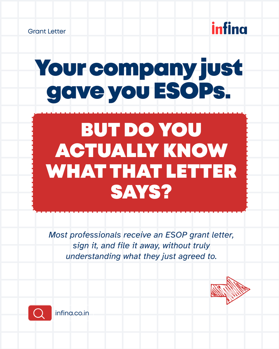 infina_finance's tweet photo. Your ESOP grant letter decides your vesting, your exercise price and your liquidity.
Most people never read it carefully.
Swipe to understand every line before it costs you.
#ESOPs #StartupEquity #WealthBuilding https://t.co/ATv1qIi8PR