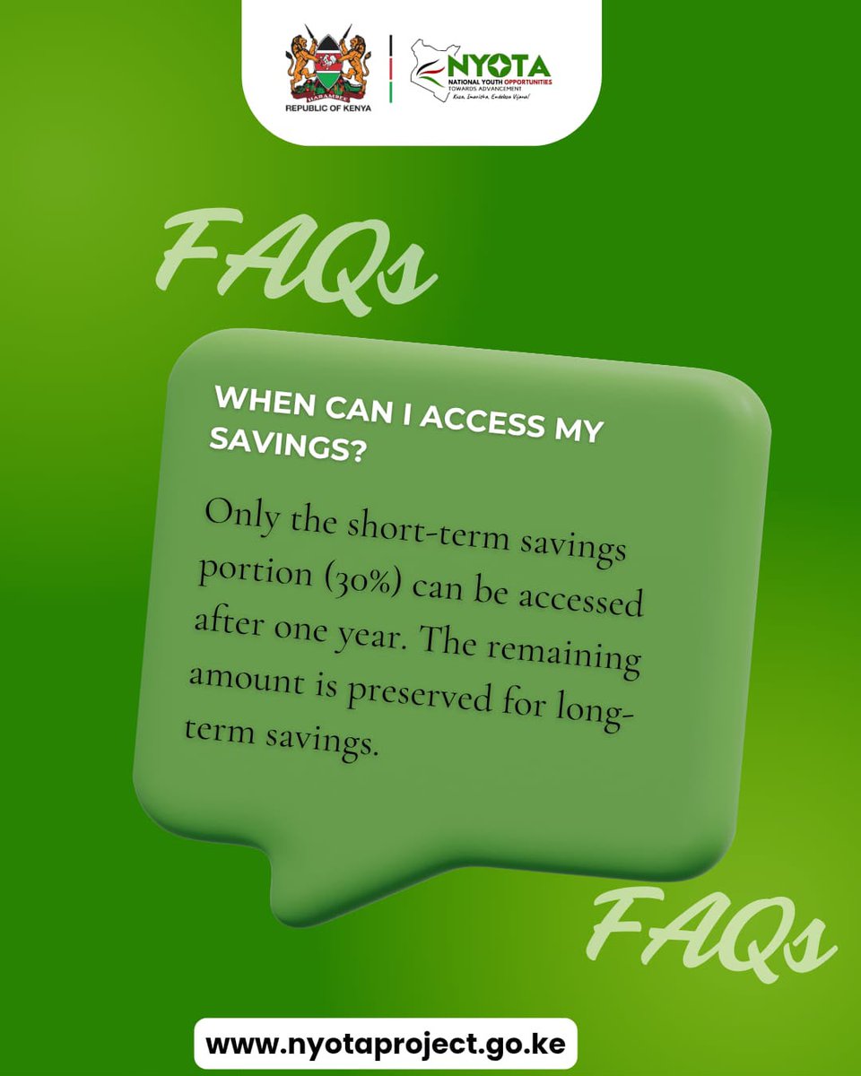 NYOTA_Kenya's tweet photo. 💰 Saving today, securing tomorrow!

Wondering when you can access your savings? We've got you covered! ✅

Remember, only the short-term savings portion (30%) can be accessed after one year, while the rest continues growing towards your long-term financial goals.

Small steps today can lead to big achievements tomorrow. Keep saving, keep growing! 🌱

#NYOTAProject
#KuzaImarishaEndelezaVijana
#FinancialInclusioni
#YouthEmpowerment