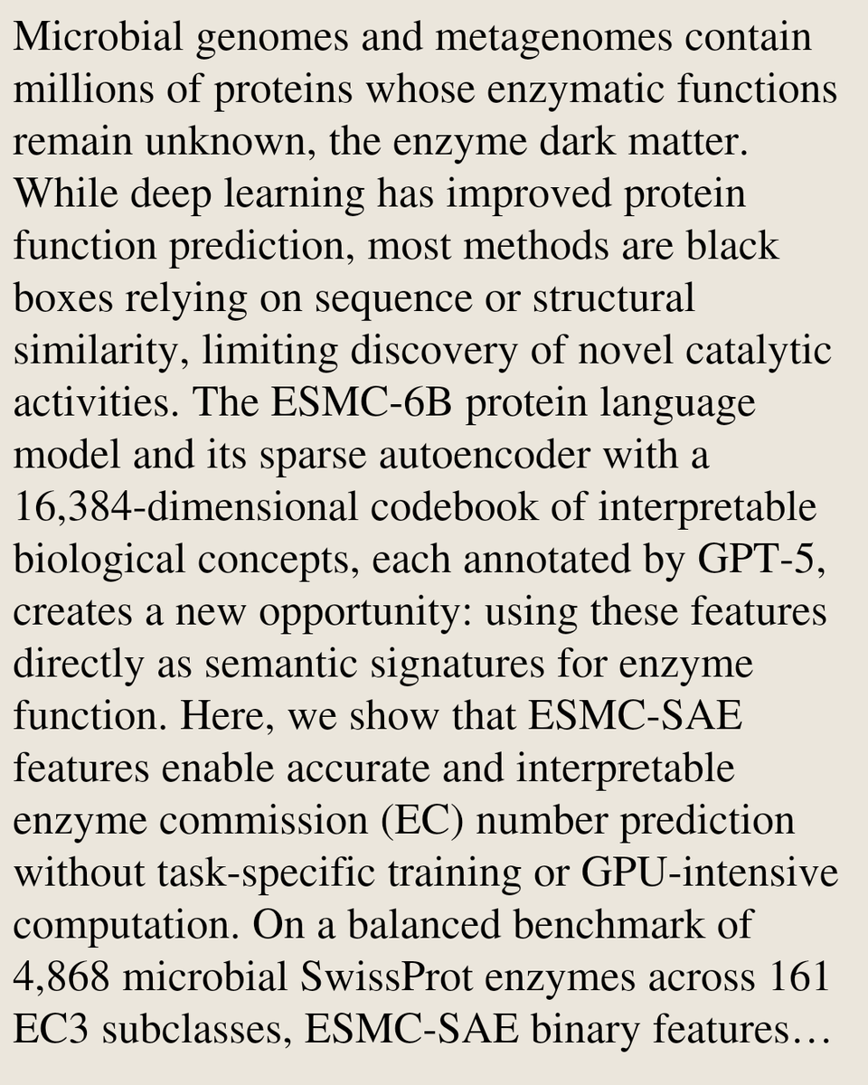 XTXI's tweet photo. Interpretable enzyme function prediction via sparse autoencoder features of ESMC across the microbial protein universe

Yue Hu, Wanyu Cheng, Junqing Wang, Yingchao Liu
https://t.co/cPsgqmazFo [𝚚-𝚋𝚒𝚘.𝚀𝙼] https://t.co/o0whTjRMre