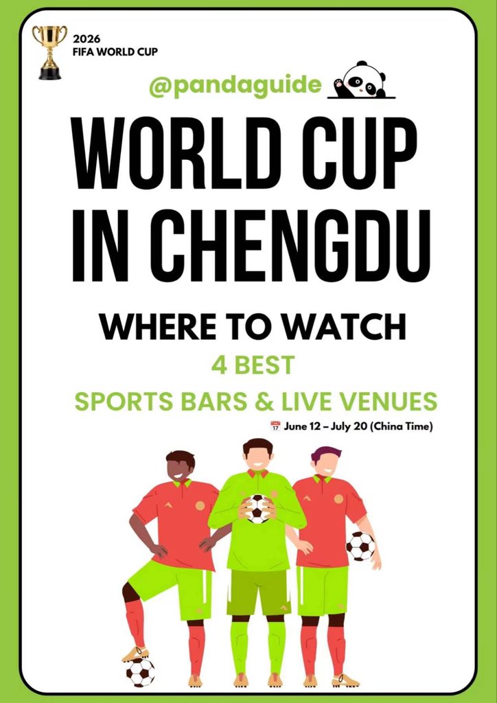 spicykitchen13's tweet photo. ⚽ Coupe du Monde à Chengdu !
4 lieux pour regarder les matchs avec d’autres fans 🍻
🍺 Goose Island
🏆 The Leg & Whistle
🎭 Bottle Live Club
📺 Xicun Manxin
🐼 Réservez à l’avance !
#WorldCup #Chengdu #ChinaTravel #PandaGuide https://t.co/Y5K3DmpmSl