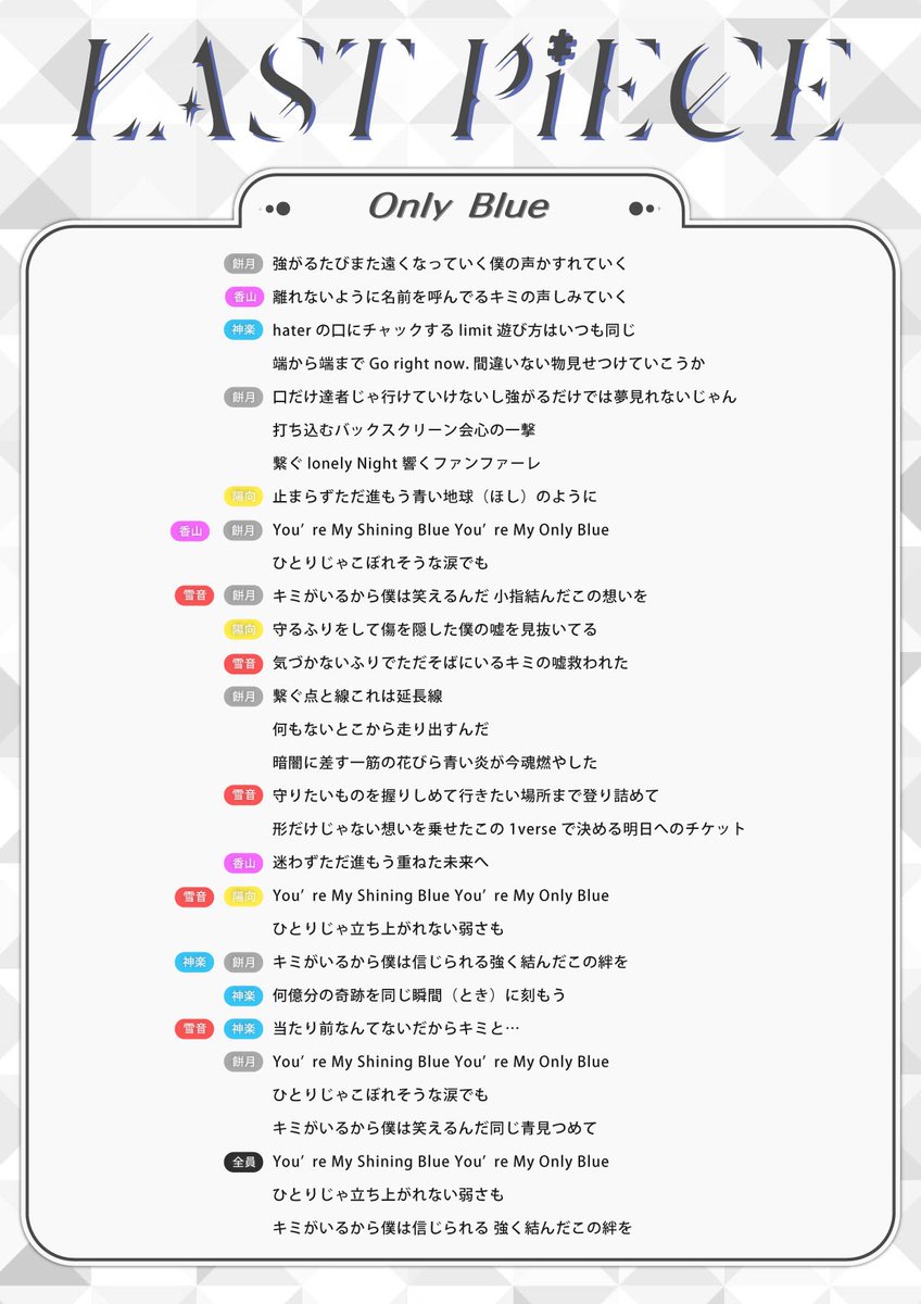 LASTPiECE__info's tweet photo. 【歌割り公開🧩】

『Only Blue』
歌割り公開✨

#LASTPiECE #ラスピ #ラストピース https://t.co/XSBrDZmajh