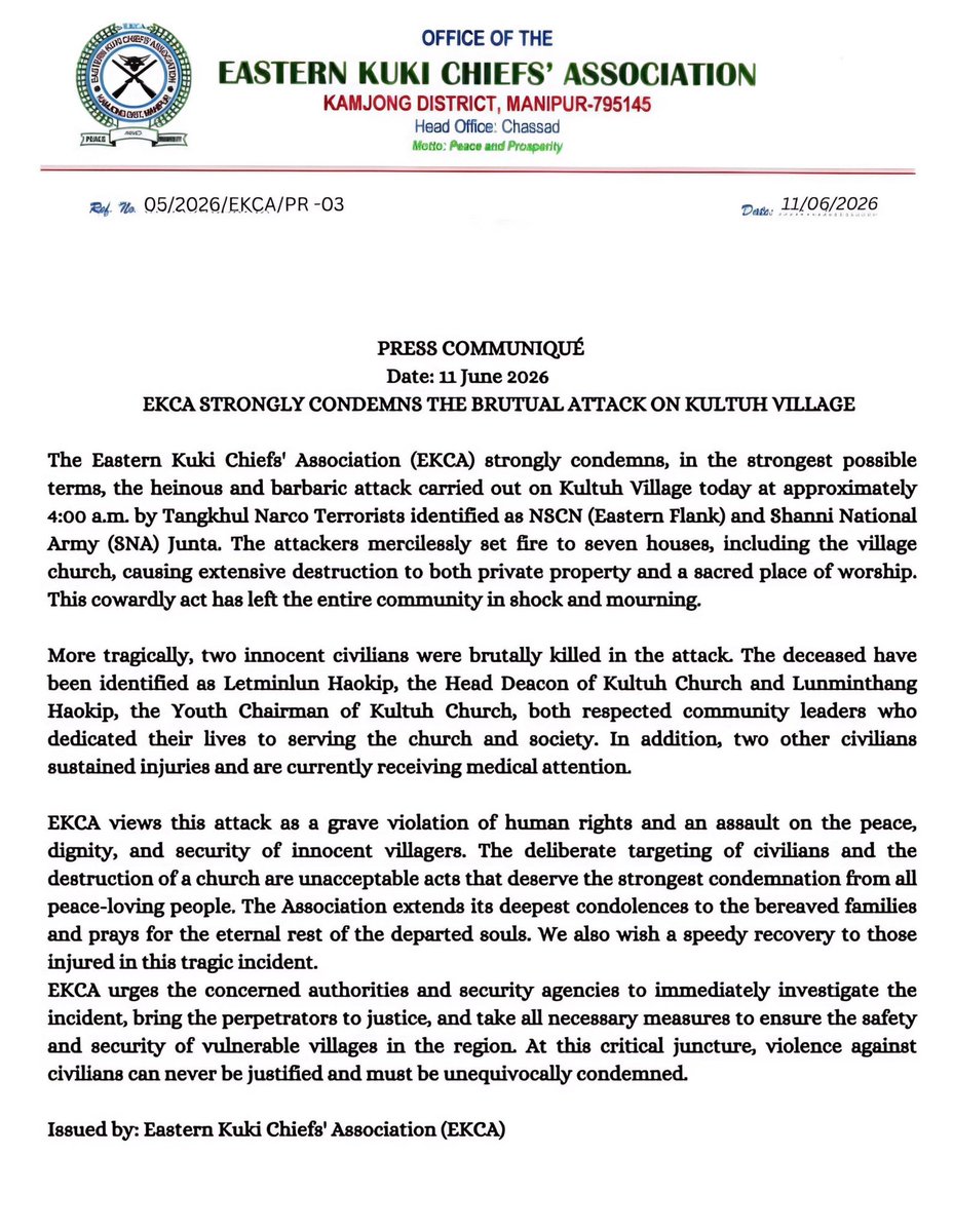 turng_point's tweet photo. Manipur: EKCA strongly condemns the heinous &amp; barbaric attack on Kultuh Village today ~4am, 11 June 2026 by Tangkhul Narco Terrorists along with their Myanmar counterparts SNA. This is an act of external aggression which govt. of India must immediately address
@HMOIndia @PMOIndia https://t.co/bL1RYdj5q2