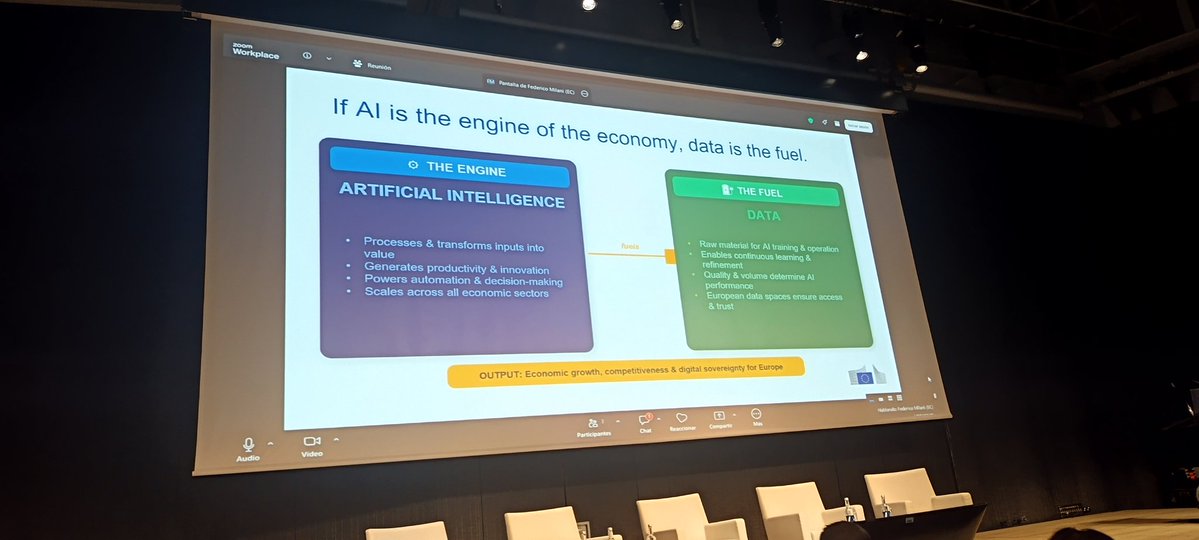 Igorsua's tweet photo. "La IA es el motor de la economía, y los datos... su gasolina" con esta potente declaración comenzaba Federico Milani de la @ComisionEuropea su exposición en el #VForoBaidata además de insistir en la importancia que tiene para la Comisión el impulso de los Espacios de Datos. https://t.co/lyHum6ANaX