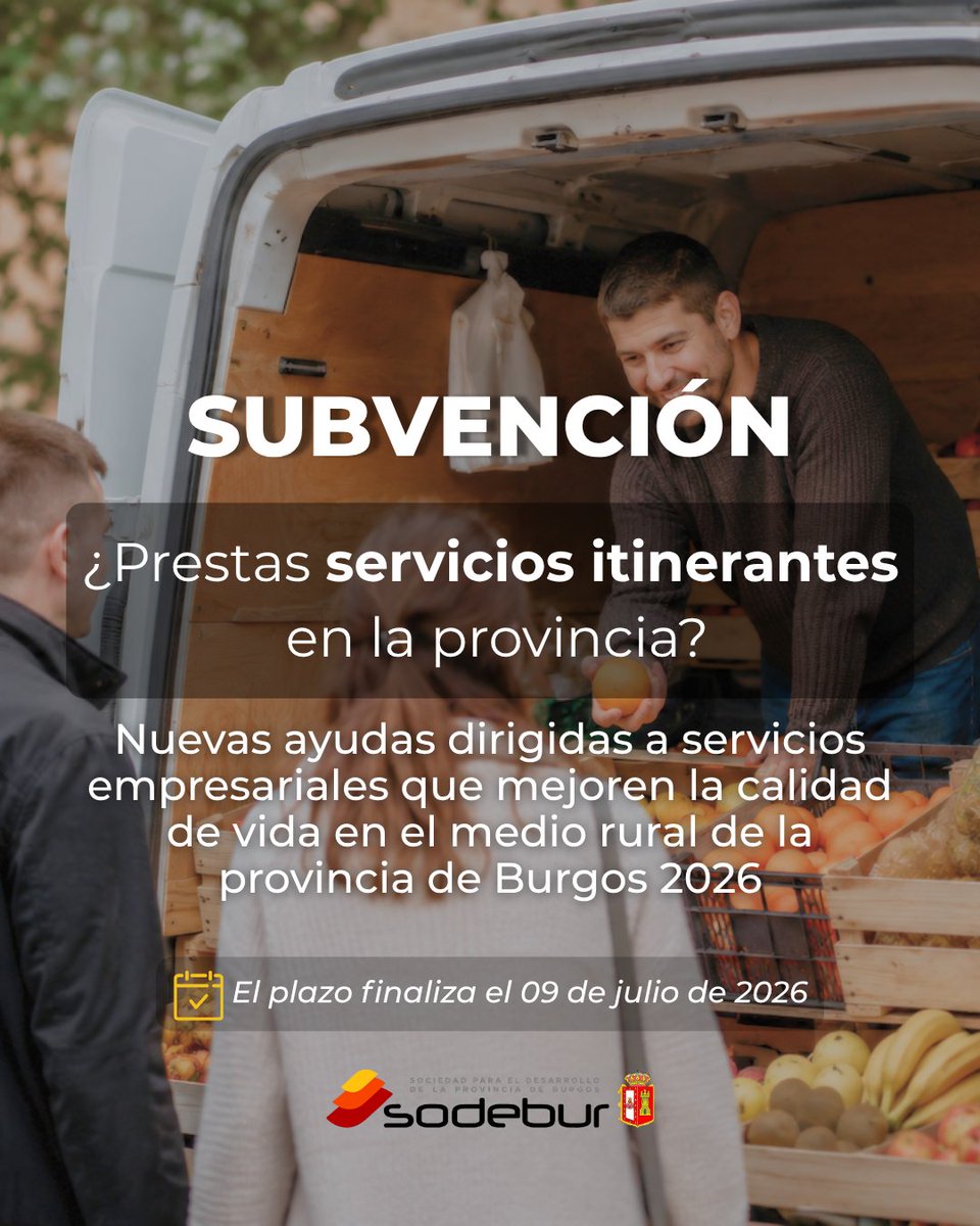 sodebur's tweet photo. 📢 Abierta la convocatoria de ayudas dirigidas al mantenimiento y activación de servicios empresariales que mejoren la calidad de vida en el medio rural de la #ProvinciadeBurgos.

#SODEBUR #DesarrolloRural #CalidaddeVida #Subvenciones https://t.co/WpxaQvE1QX