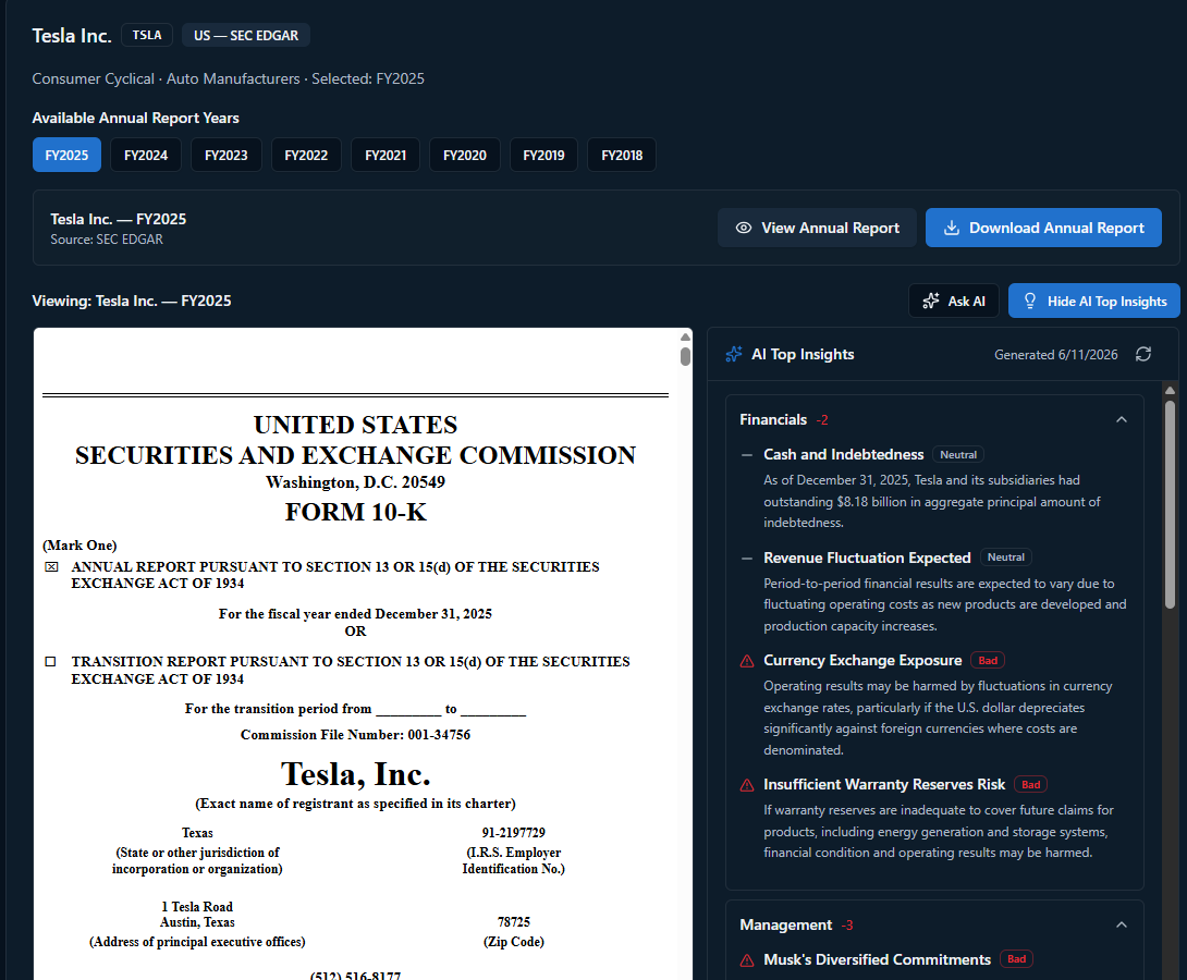 Krishna_mok's tweet photo. 🤔 How many investors actually read every page of a company's annual report?

Now you don't have to.

Annual Report AI scans the report you're viewing and instantly surfaces:

⚠️ Risks
🏛 Governance Issues
💰 Financial Insights
📈 Growth Drivers
🎯 Key Management Commentary

Turn hundreds of pages into actionable insights in seconds.🌐 https://t.co/N9vwnKxlEA

#AnnualReportAI #Investing #StockMarket #AI #AnnualReports #TSLA #NASDAQ