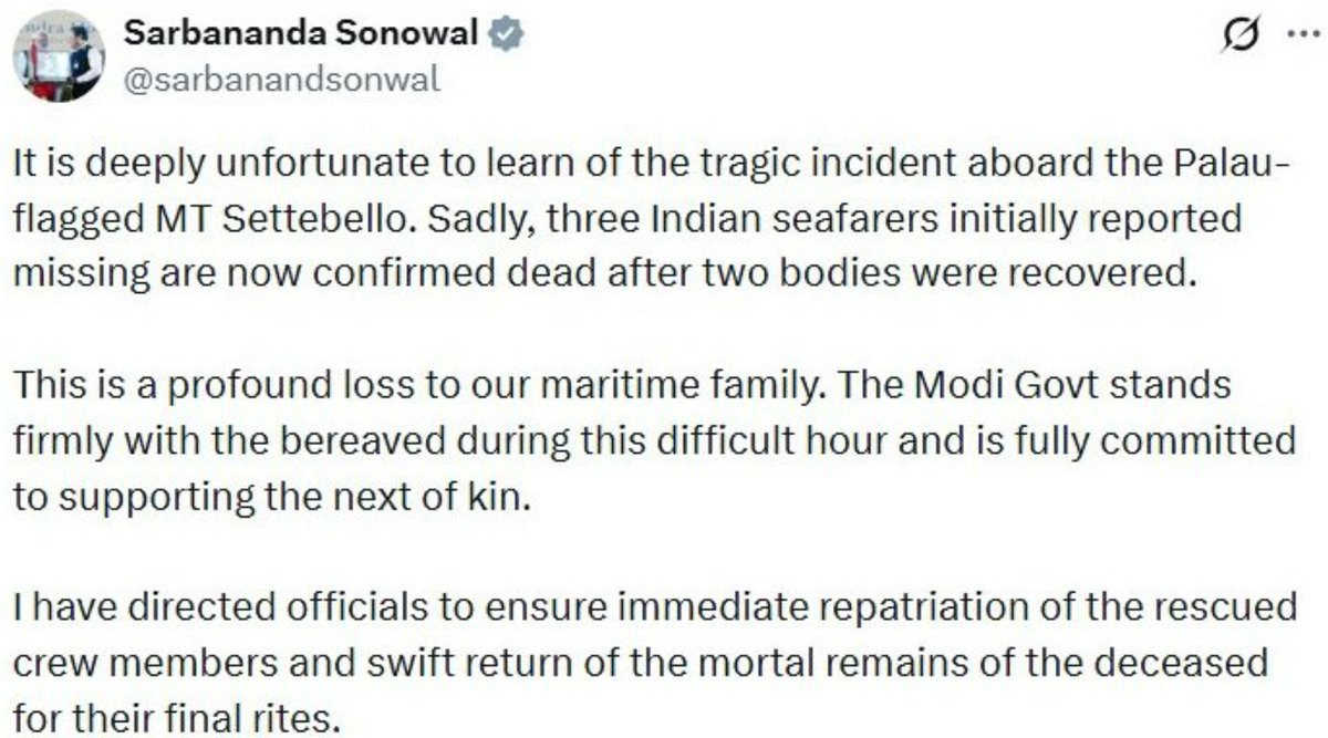bitinning's tweet photo. 🇮🇳3 Indian sailors killed in the US strike on MT Settebello near Oman, Union Minister Sarbananda Sonowal confirms.

A tragic loss for India's maritime community. https://t.co/9rEM1fz5cX