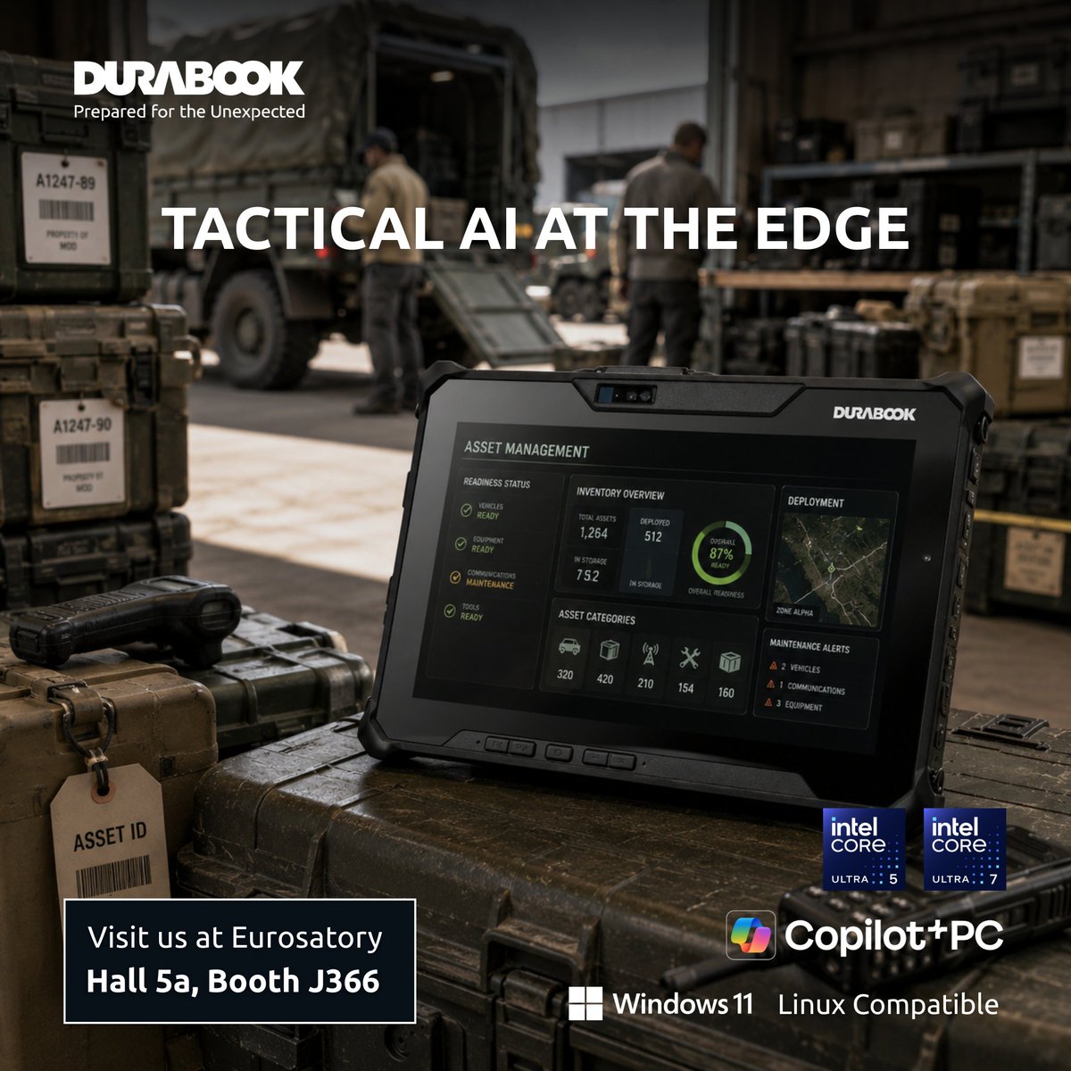 DURABOOK's tweet photo. Tactical AI at the edge starts with real-time asset visibility.

R10 brings Copilot+ PC performance, Intel Core Ultra processing, and Windows 11 to field asset management workflows.

Meet DURABOOK at Eurosatory 2026:
https://t.co/uTNjcptDMs

#DURABOOK #R10 #EdgeAI https://t.co/jD2Fjbrnkj
