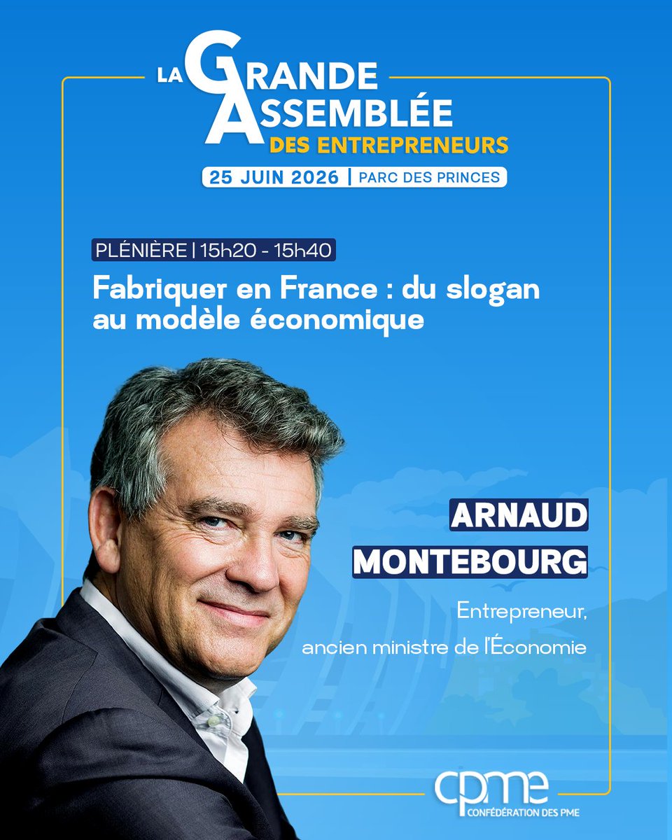 GrandeAssemblee's tweet photo. 🚨 J-14 : plus que deux semaines avant la @GrandeAssemblee des Entrepreneurs, l'événement de l'année organisé par la CPME le 25 juin au Parc des Princes.

Venez prendre un temps d'avance au cours de cette journée exceptionnelle. 

Plénières, conférences, ateliers, dialogues et temps de networking permettront de croiser les regards sur les grands sujets qui transforment déjà le quotidien des PME : intelligence artificielle, souverainetés, Made in France, transmission, santé du dirigeant, financement, dialogue social…

De grands speakers ont d'ores et déjà été annoncés : @montebourg, Pr @Ph_Aghion, @steph_sejourne, Emmanuel Moulin, Sylvain Tesson… et bien d'autres seront présents !

🗓 Coup d’envoi le 25 juin au Parc des Princes à Paris

🔗 Inscription gratuite et ouvert à tous sur le site : https://t.co/M7Oid6scdg

#LaGrandeAssemblee #Entrepreneurs #cpme #LGAE26 | @CPMEnationale