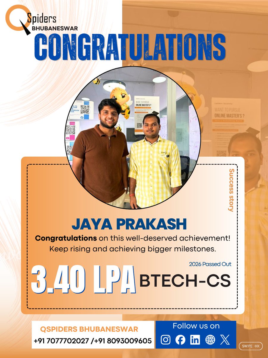 Qsp_bhubaneswar's tweet photo. π Congratulations Jaya Prakash on this incredible achievement! π
Securing a 3.40 LPA package is proof that dedication and persistence pay off.
#Congratulations #PlacementSuccess #QSpidersBhubaneswar #SuccessStory #CareerGrowth #BTechCS #DreamJob #StudentSuccess #3_40LPA https://t.co/zsg5kiTIkr