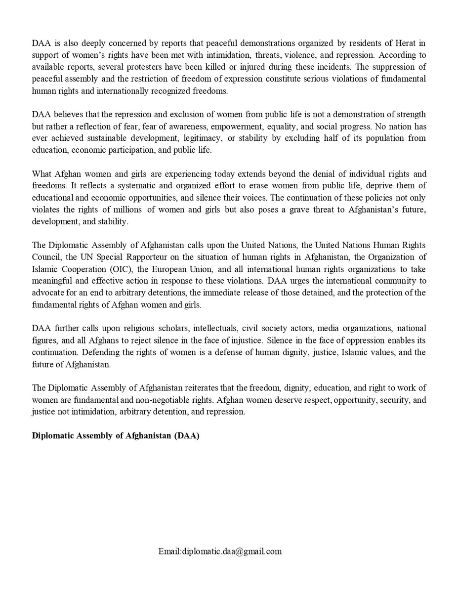 AssemblyDa30624's tweet photo. Official Statement of the Diplomatic Assembly of Afghanistan

On the Mass Arrest of Women and Girls and the Suppression of Civilians in Herat

#UnitedNations #UnitedNationsHumanRightsCouncil #UNSpecialRapporteur #humanrights #Afghanistan #OIC #EuropeanUnion #Herat https://t.co/i4Quxf8aCz