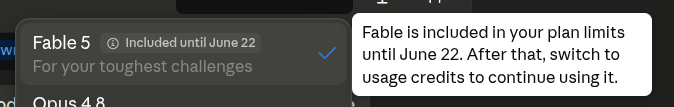 creativosweb's tweet photo. I haven't tried it yet. It appeared in my Pro account coming with two notices:
1. It is not for me, if I am not willing to pay extra for it - it'll be available within my plan for 11 days.
and the second:
2.Fable is the most capable model and draws down usage 2× faster than Opus.

So, without trying it, the only thing I see here, is just another super expensive bite.
Opus is pretty recursive already.