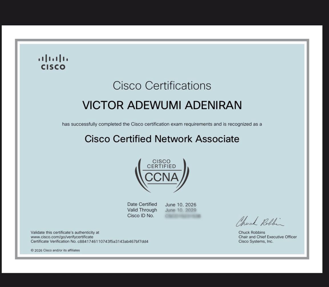 victor_ade_'s tweet photo. I successfully earned my CCNA certification yesterday. A huge thanks to @JeremysITLab for the outstanding YouTube training that made this achievement possible. https://t.co/BjAx7voqJu