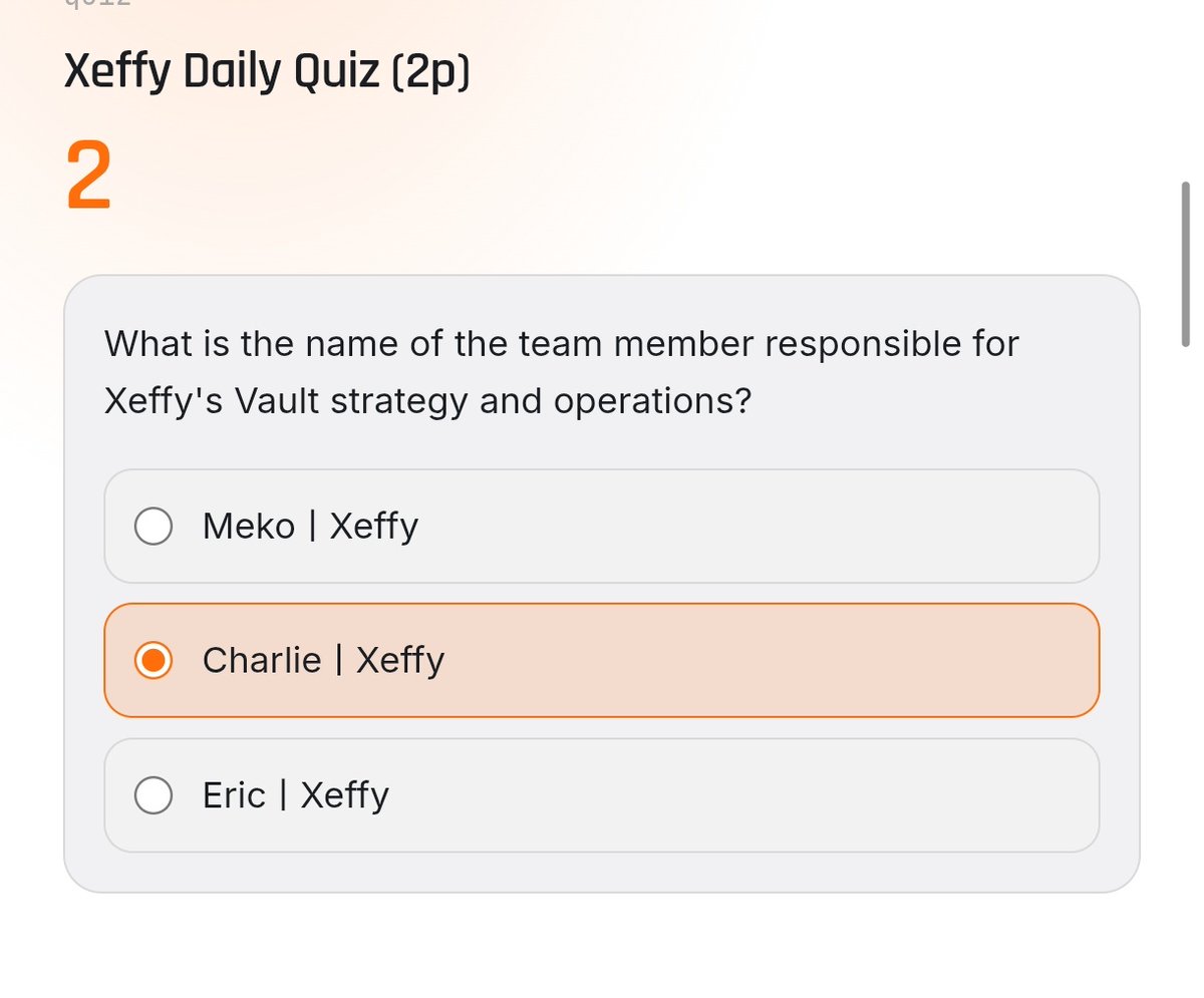 Mehedi20181's tweet photo. Xeffy Quiz Time!
Today quiz answer
✅Charlie/Xeffy
#DeFi #VaultStrategy #CryptoQuiz #Web3 ::: https://t.co/Ix1OipCNjo