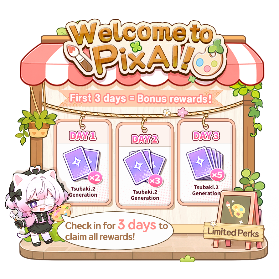 PixAI_Official's tweet photo. 📣 Limited-Time Event | Check In Daily to Get Rewards

Dear PixAI Community,
Thank you for creating with PixAI! To show our appreciation, we're running a limited-time check-in challenge! Log in during the event period to collect bonus model cards and keep your creativity flowing. 🎨

🎁 How it works
During the event, you can claim up to 3 bonus rewards by logging in — one reward per day, in order:
• 1st claim — Tsubaki.2 card ×2
• 2nd claim — Tsubaki.2 card ×3
• 3rd claim — Tsubaki.2 card ×5
Each Tsubaki.2 card lets you run one image generation with the Tsubaki.2 model. Claim all three and that's 10 cards in total!

📅 Event period
June 11, 2026, 4:00 PM – June 25, 2026, 4:00 PM (UTC+9)

📌 Good to know
• Rewards reset daily at 9:00 AM (UTC+9), same as your Daily Claim.
• You can claim one reward per day — check in across different days to collect all three.
• Each card is valid for 7 days from the time you claim it.
• Any unclaimed rewards expire when the event ends, so don't miss out!

Wishing you smooth creation 💗
PixAI Team