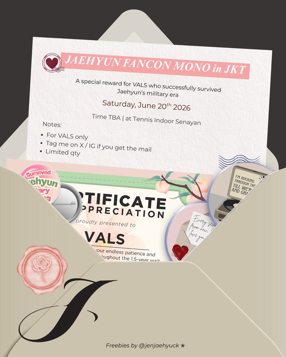 jenjaehyuck's tweet photo. ((repost)) 

[RT & Likes are appreciated]

✮ JAEHYUN FANCON MONO in JKT Freebies by @jenjaehyuck ✮

A special reward for VALS who successfully survived Jaehyun’s military era  <𝟑 .ᐟ 
 
✰ Details what you'll get on pict, exact place & time TBA ✰

#JAEHYUN_MONO_JAKARTA 
#JAEHYUN_MONO
#재현