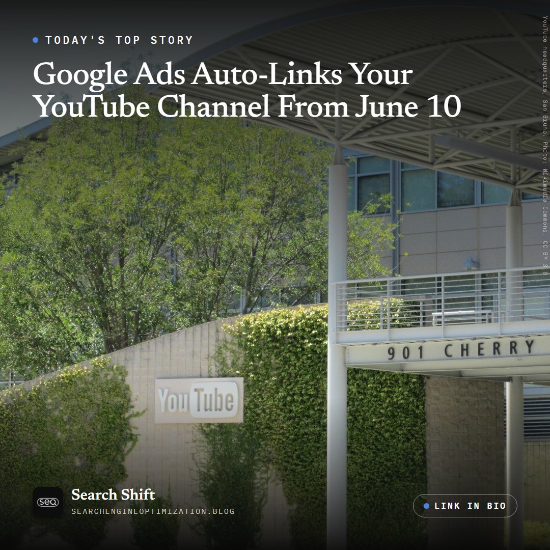 thesearchshift's tweet photo. On June 10 Google flipped a default: Ads accounts now auto-link to YouTube channels it thinks you own, turning viewers and subscribers into targeting data. The real catch is that cross-property sharing is on by default. Most teams should check what got linked. Link in bio. https://t.co/AWqpBgyRyh