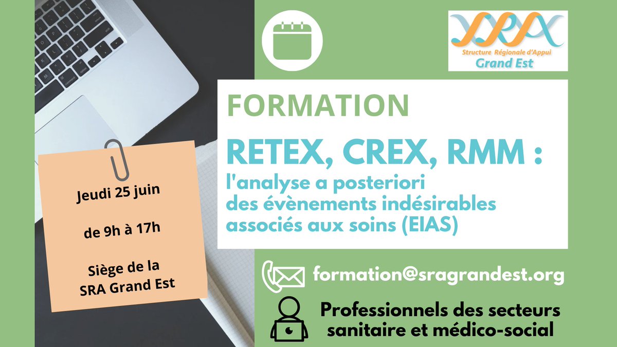SRA_Grand_Est's tweet photo. Afin d’accompagner les professionnels à la gestion des évènements indésirables (EIAS), la @SRA_Grand_Est propose une journée de formation « RETEX, CREX, RMM : l’analyse a posteriori des EIAS ».

Pour plus d’information : formation@sragrandest.org https://t.co/f2HfnHz6oB