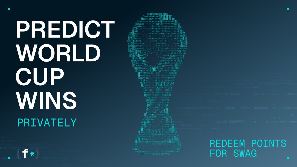 fhenix's tweet photo. Every world cup creates millions of predictions, only some age well

this is your chance to predict matches, earn points, redeem points for swag

your predictions stay encrypted on-chain until kickoff, so nobody can copy them, react to them, or front-run the leaderboard 🏆

swag shop launches soon!