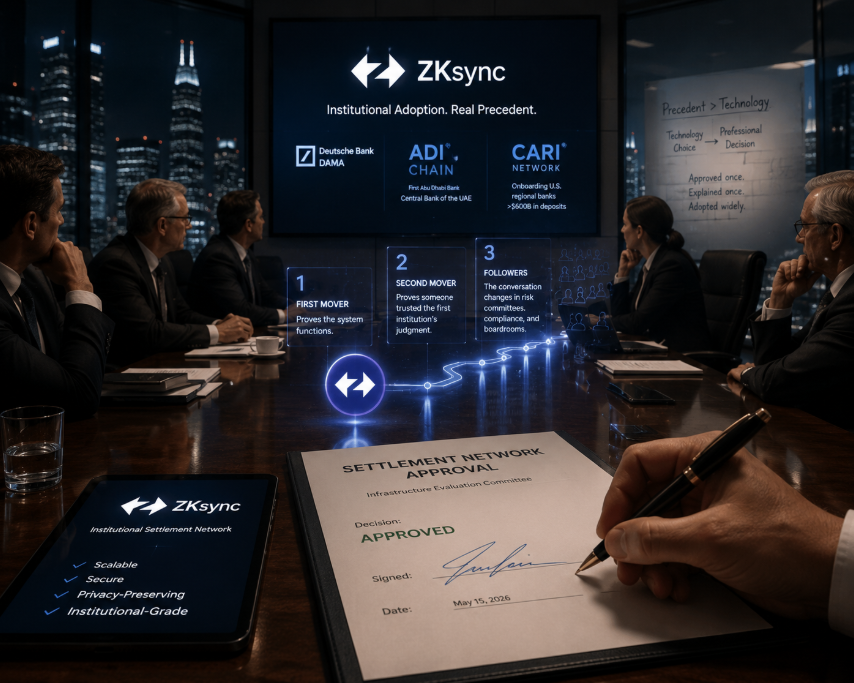 humcan4's tweet photo. The hardest blockchain decision of 2026 probably isn't being made by an engineer.

It's being made by the person whose name goes on the approval.

A new settlement rail can work perfectly in testing and still be rejected if nobody comparable has already signed off on it.

That is why first movers matter differently in financial infrastructure.

The first institution proves a system functions.

The second proves someone was willing to trust the first institution's judgment.

After that, the conversation starts changing inside risk committees, compliance reviews, and board meetings.

The decision becomes less about technology and more about precedent.

We're starting to see that transition happen now.

JPMorgan's Kinexys has processed more than $1.5T on blockchain rails.

DTCC is advancing tokenized Treasuries.

NYSE, BNY, and Citi are building tokenized securities infrastructure.

The question facing institutions is increasingly practical:

Which settlement networks already have credible participants building on them?

That is part of why @zksync stands out.

Live institutional activity now spans Deutsche Bank's DAMA platform, ADI Chain participants including First Abu Dhabi Bank and the Central Bank of the UAE, and Cari Network's onboarding of U.S. regional banks representing more than $600B in combined deposits.

Maybe the decade gets decided when infrastructure stops being evaluated as a technology choice...

and starts being evaluated as a professional decision nobody wants to explain twice.
