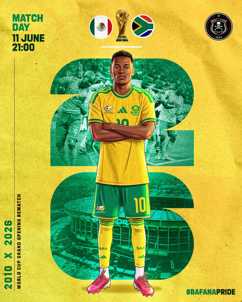 orlandopirates's tweet photo. 𝐌𝐀𝐓𝐂𝐇_𝐃𝐀𝐘

🏆 #FIFAWorldCup |  🇲🇽 🆚 🇿🇦
🗓 Thursday,11 June 2026
🏟 Mexico Stadium,🇲🇽
⏰ 21:00 (SAST)

⚫⚪🔴⭐
#BafanaPride
#BafanaBafana
#BafanaKaofela
#OrlandoPirates
#OnceAlways https://t.co/xw1cllxRZ0