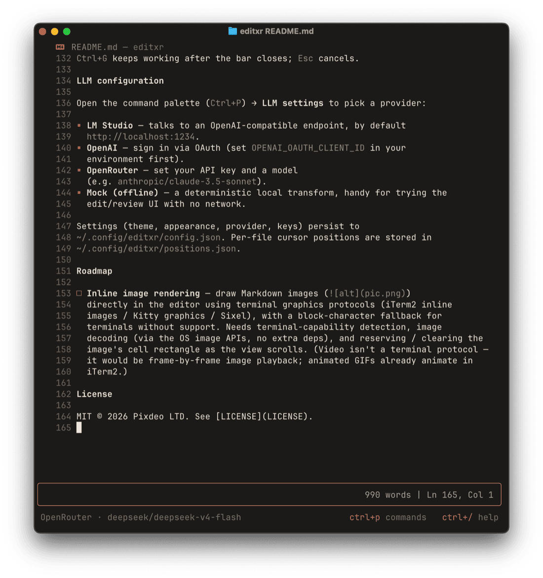 终端里的所见即所得 Markdown 编辑器

输入 Markdown 时直接渲染样式，编辑行保持纯文本。内置 AI 辅助：选一段文字让 LLM 改，以内联 diff 展示改动，确认后才写入。

ht...