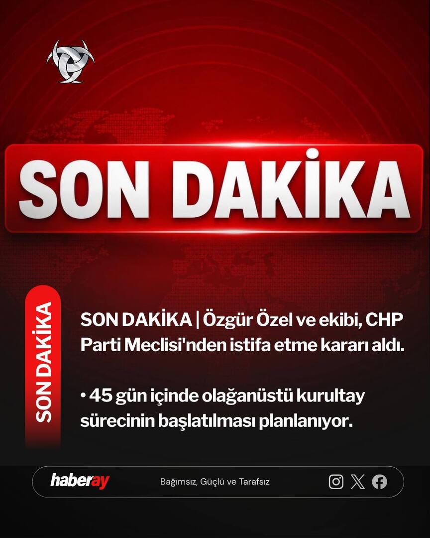 haberaycom's tweet photo. #SONDAKİKA | Özgür Özel ve ekibi, CHP Parti Meclisi'nden istifa etme kararı aldı.

• 45 gün içinde olağanüstü kurultay sürecinin başlatılması planlanıyor. https://t.co/Sx9zdM5RJW