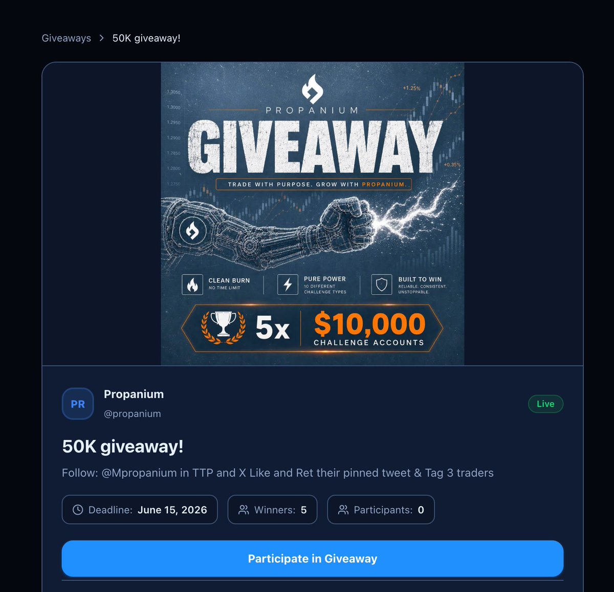 TheTrustedProp's tweet photo. Big Giveaway Alert 🚀

The Propanium 50K Giveaway is now live on TTP!

This is your chance to win a $10,000 challenge account and grow your trading journey.

To participate:
Follow @MPropanium  on TTP and X
Like + Retweet their pinned tweet
Tag 3 trader friends

🏆 5 winners will be selected
📅 Deadline: June 15, 2026

Go participate now on https://t.co/YlnAQfJyID and don’t miss this opportunity!