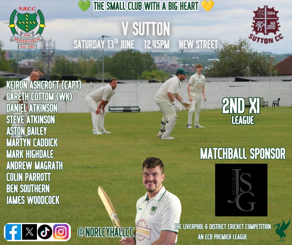 NorleyHallCC's tweet photo. 🟢🟡🏏 Your Green and Gold shirted heroes for Saturday 13th June 🟢🟡🏏

The first team welcome @fhcricketclub to City Road

The second team make the trip over Billinge Hill to play @Sutton_StH_CC

Thank you to local company @JSG_Sportsturf for their Matchball Sponsorship. Any local sporting clubs looking to improve their playing surface 🚜 really should give them a call ☎️

Best wishes to both teams representing our club this weekend 👍👍