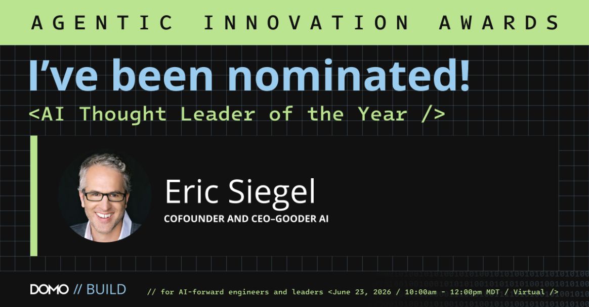 predictanalytic's tweet photo. I've been nominated for DOMO's "AI Thought Leader of the Year" award. I'm in great company, so it's an honor! To vote, simply click here and find my name – it only takes one click. https://t.co/qzL6lfntxq https://t.co/hol2IaTprE