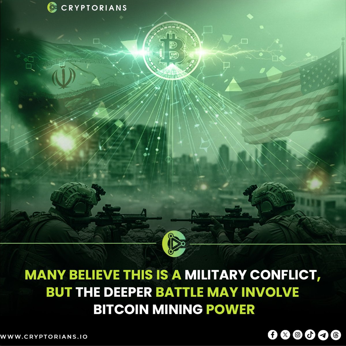 Cryptorians_io's tweet photo. 🟢What if the real war isn’t missiles but Bitcoin? 
While headlines focus on Tehran, analysts say the deeper fight is energy, sanctions, and mining power.

Follow Cryptorians for geopolitical signals shaping crypto markets.➡️ 

#Cryptorians #BitcoinMining #Geopolitics https://t.co/sBU9dtZfzq