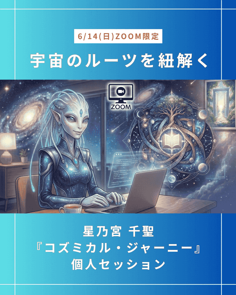VOICEGOODS's tweet photo. 【6/14(日)ZOOM限定】
あなたの魂の設計図と、宇宙のルーツを紐解く
星乃宮 千聖『コズミカル・ジャーニー』

宇宙に刻まれたあなただけの「魂の設計図」を読み解き、今世で果たすべき使命や、これから迎える運命のサイクルを明らかにします。

▼詳細
https://t.co/NKMl85PbfW https://t.co/9T8uhIPMj5